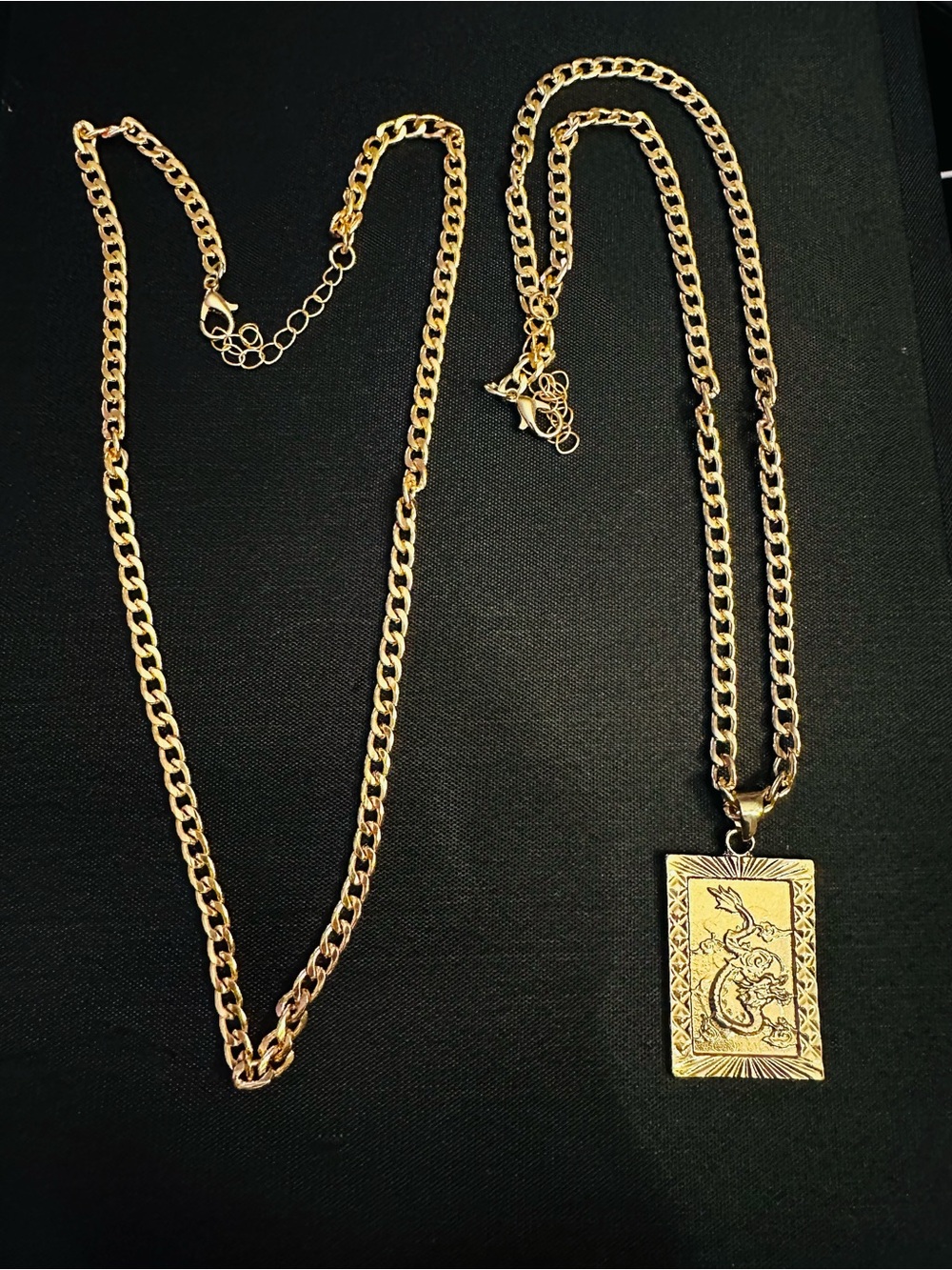 Gold-Tone Rectangular Pendant Necklace with Engraved Dragon
